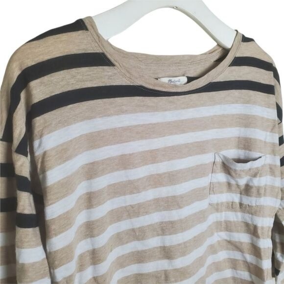 MADEWELL Womens Top‎ Small 100% Cotton Stripe Neutral Oatmeal 3/4 Pocket Cozy - Picture 5 of 8